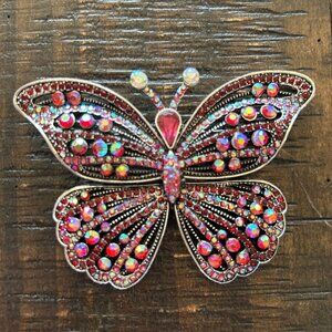 Vintage Rhinestone Butterfly Brooch Pin With Purple/Pink & Iridescent Crystals 3